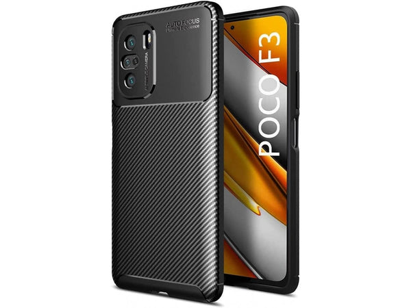 Hochwertig stabile Soft TPU Smartphone Handy Hülle im Carbon Design für Xiaomi Poco F3 zum Schutz des Display und Gehäuse Cover in schwarz von Screenguard