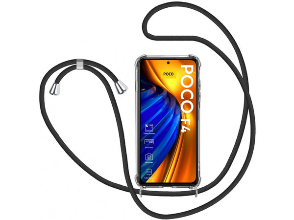 Necklace Handy Hülle mit Kordel Kette schwarz zum Tragen des Xiaomi Poco F4 am Körper wie Handtasche Lanyard, stabil mit erhöhten Rändern und Kanten in transparent von Screenguard