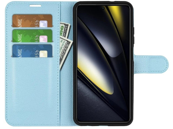 Lederhülle Portemonnaie Karten Ledertasche für Xiaomi Poco F6 in hellblau von Screenguard
