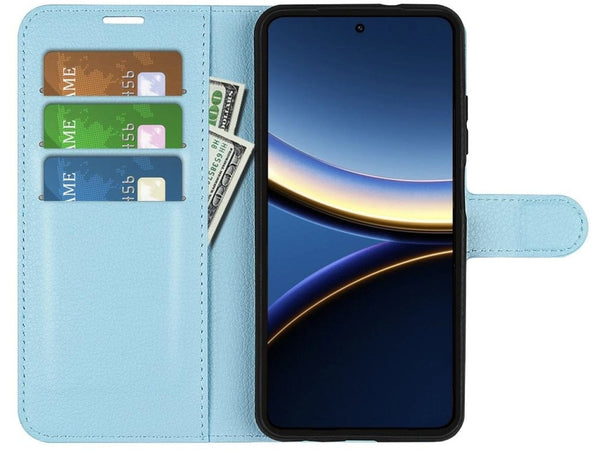 Lederhülle Portemonnaie Karten Ledertasche für Xiaomi Poco F7 Pro in hellblau von Screenguard