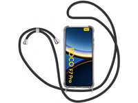 Necklace Handy Hülle mit Kordel Kette schwarz zum Tragen des Xiaomi Poco F7 Pro am Körper wie Handtasche Lanyard, stabil mit erhöhten Rändern und Kanten in transparent von Screenguard