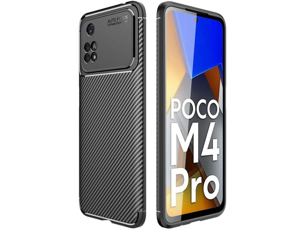 Hochwertig stabile Soft TPU Smartphone Handy Hülle im Carbon Design für Xiaomi Poco M4 Pro 4G zum Schutz des Display und Gehäuse Cover in schwarz von Screenguard