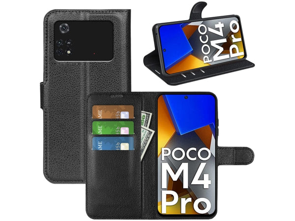 Lederhülle Portemonnaie Karten Ledertasche für Xiaomi Poco M4 Pro 4G in schwarz von Screenguard