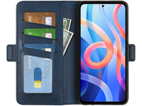 Veganes Flip Case Leder Etui Hülle mit Karten Fächer und Sichtfenster für Xiaomi Poco M4 Pro 5G in dunkelblau von Screenguard