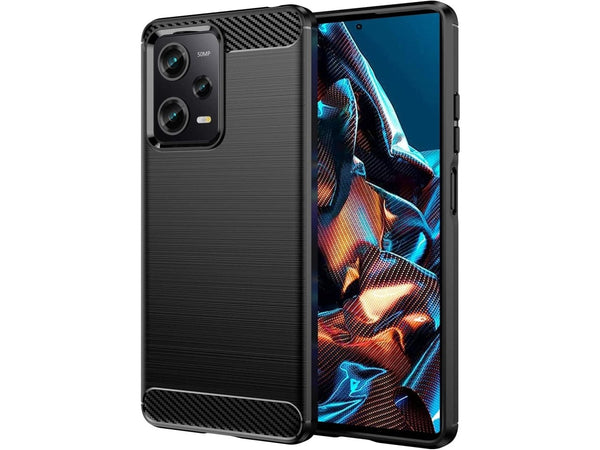 Flexible Handy Schutzhülle mit gebürster Carbon Textur auf der Rückseite für zum Schutz des Xiaomi Poco X5 Pro 5G  Display und Gehäuse Case in schwarz von Screenguard