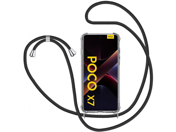 Necklace Handy Hülle mit Kordel Kette schwarz zum Tragen des Xiaomi Poco X7 am Körper wie Handtasche Lanyard, stabil mit erhöhten Rändern und Kanten in transparent von Screenguard