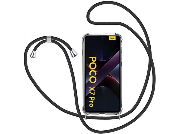 Necklace Handy Hülle mit Kordel Kette schwarz zum Tragen des Xiaomi Poco X7 Pro am Körper wie Handtasche Lanyard, stabil mit erhöhten Rändern und Kanten in transparent von Screenguard