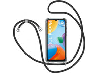 Necklace Handy Hülle mit Kordel Kette schwarz zum Tragen des Xiaomi Redmi 10C am Körper wie Handtasche Lanyard, stabil mit erhöhten Rändern und Kanten in transparent von Screenguard