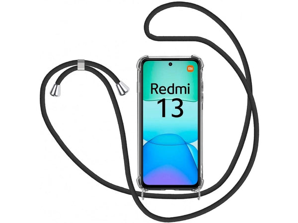 Necklace Handy Hülle mit Kordel Kette schwarz zum Tragen des Xiaomi Redmi 13 am Körper wie Handtasche Lanyard, stabil mit erhöhten Rändern und Kanten in transparent von Screenguard