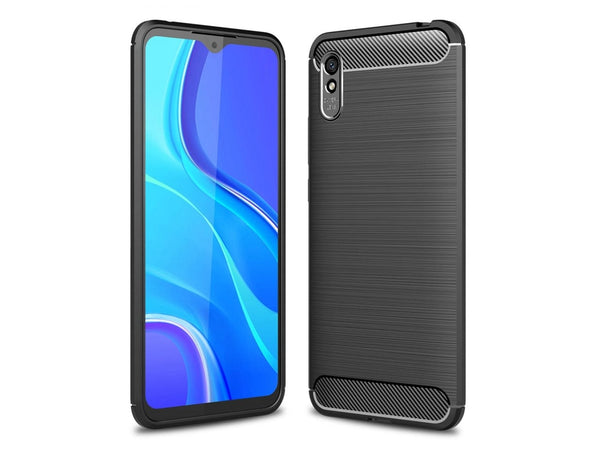 Flexible Handy Schutzhülle mit gebürster Carbon Textur auf der Rückseite für zum Schutz des Xiaomi Redmi 9A  Display und Gehäuse Case in schwarz von Screenguard