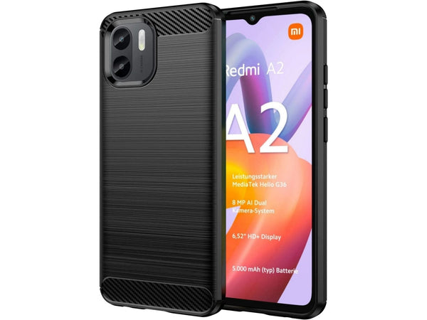 Flexible Handy Schutzhülle mit gebürster Carbon Textur auf der Rückseite für zum Schutz des Xiaomi Redmi A2  Display und Gehäuse Case in schwarz von Screenguard