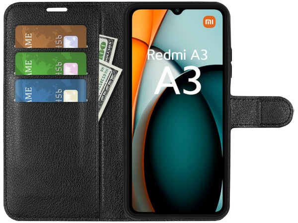 Lederhülle Portemonnaie Karten Ledertasche für Xiaomi Redmi A3 in schwarz von Screenguard