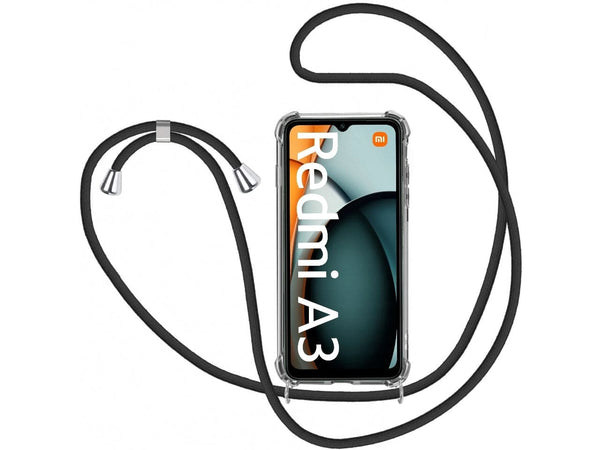 Necklace Handy Hülle mit Kordel Kette schwarz zum Tragen des Xiaomi Redmi A3 am Körper wie Handtasche Lanyard, stabil mit erhöhten Rändern und Kanten in transparent von Screenguard