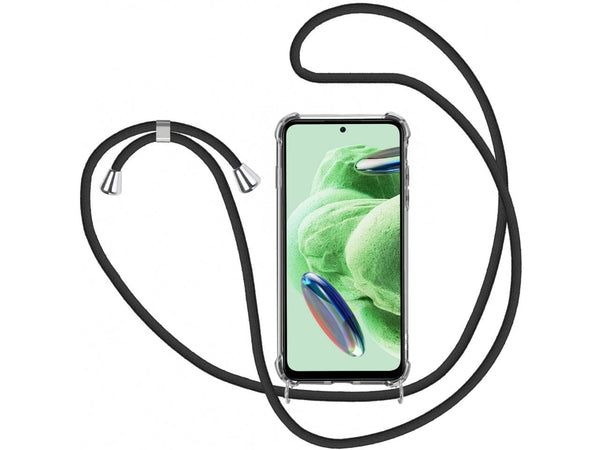 Necklace Handy Hülle mit Kordel Kette schwarz zum Tragen des Xiaomi Redmi Note 12 5G am Körper wie Handtasche Lanyard, stabil mit erhöhten Rändern und Kanten in transparent von Screenguard