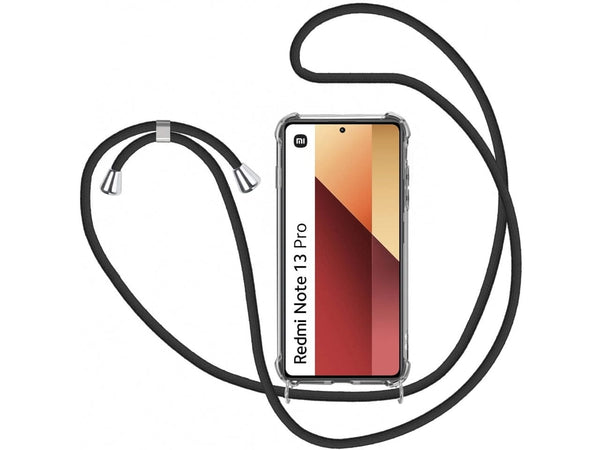 Necklace Handy Hülle mit Kordel Kette schwarz zum Tragen des Xiaomi Redmi Note 13 Pro 4G am Körper wie Handtasche Lanyard, stabil mit erhöhten Rändern und Kanten in transparent von Screenguard