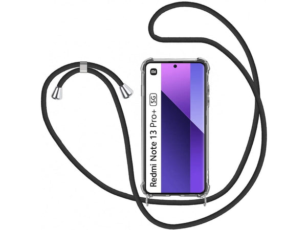 Necklace Handy Hülle mit Kordel Kette schwarz zum Tragen des Xiaomi Redmi Note 13 Pro+ 5G am Körper wie Handtasche Lanyard, stabil mit erhöhten Rändern und Kanten in transparent von Screenguard