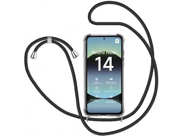 Necklace Handy Hülle mit Kordel Kette schwarz zum Tragen des Xiaomi Redmi Note 14 4G am Körper wie Handtasche Lanyard, stabil mit erhöhten Rändern und Kanten in transparent von Screenguard