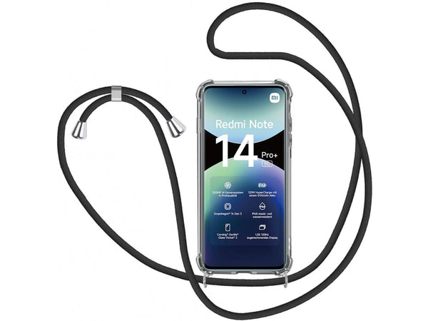 Necklace Handy Hülle mit Kordel Kette schwarz zum Tragen des Xiaomi Redmi Note 14 Pro+ 5G am Körper wie Handtasche Lanyard, stabil mit erhöhten Rändern und Kanten in transparent von Screenguard